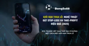 Trader xem biểu đồ trên điện thoại với nội dung về nghệ thuật đặt stop-loss và take-profit hiệu quả năm 2025 để giới hạn thua lỗ.