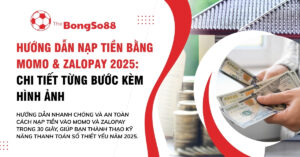 Hướng dẫn nạp tiền Momo & ZaloPay 2025 chi tiết, với hình ảnh một người đang đếm tiền đô la và các chồng tiền xu.