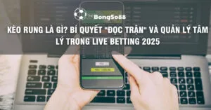Người dùng đặt cược trên điện thoại với tiêu đề "Kèo rung là gì? Bí quyết đọc trận và quản lý tâm lý trong live betting".