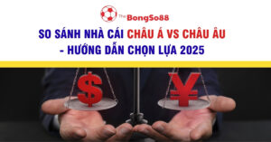 Cán cân thăng bằng giữa biểu tượng tiền tệ Đô la ($) và Yên (¥), minh họa cho việc so sánh nhà cái Châu Á và Châu Âu.