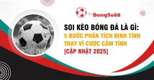 Quả bóng đá trên sân cỏ và tiêu đề "Soi kèo bóng đá là gì: 5 bước phân tích định tính thay vì cược cảm tính".