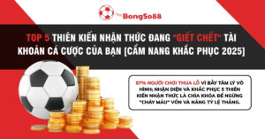Top 5 thiên kiến nhận thức đang "giết chết" tài khoản cá cược, minh họa bằng quả bóng đá bên cạnh những chồng tiền vàng.