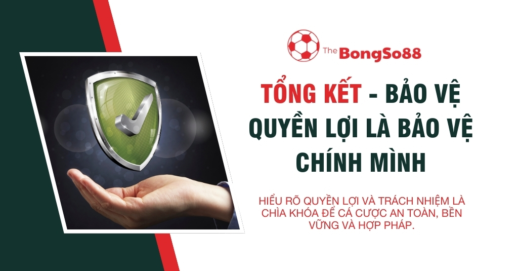 Tổng kết về bảo vệ quyền lợi người chơi cá cược, hình ảnh bàn tay nâng chiếc khiên an toàn và logo The BongSo88.