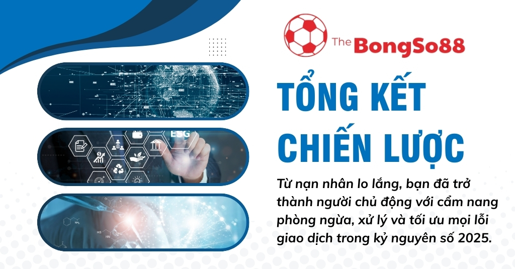 Tổng kết chiến lược phòng ngừa và xử lý lỗi giao dịch trong kỷ nguyên số 2025 từ The BongSo88 với các hình ảnh công nghệ.