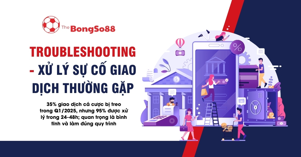 Minh họa xử lý sự cố giao dịch ngân hàng trực tuyến với tiêu đề "Troubleshooting - Xử lý sự cố giao dịch thường gặp".