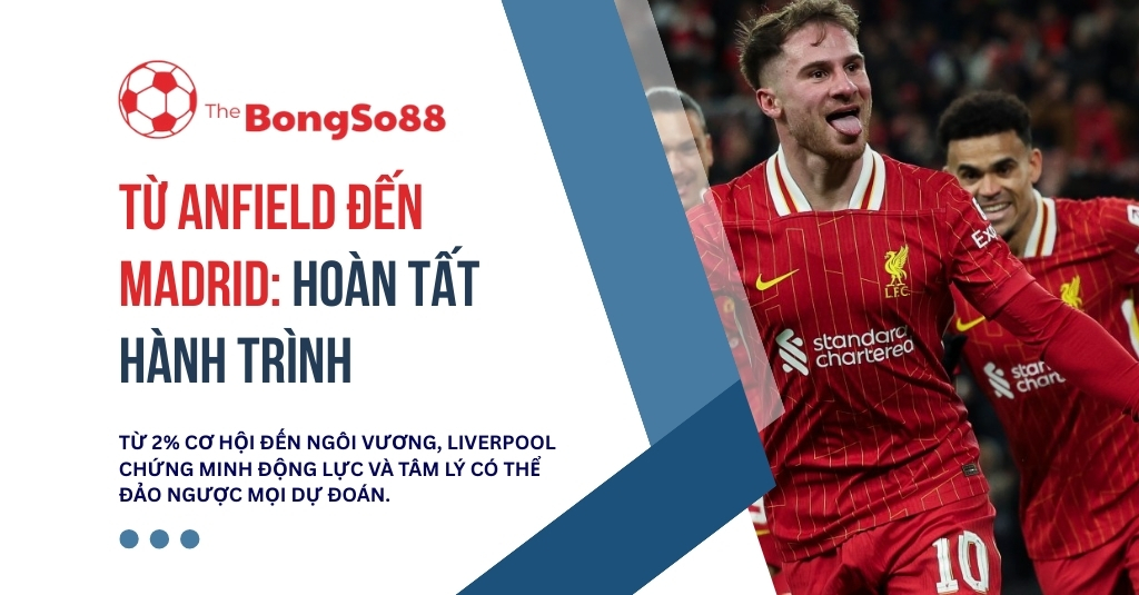Cầu thủ Liverpool Alexis Mac Allister ăn mừng. Tiêu đề: "Từ Anfield đến Madrid: Hoàn tất hành trình".