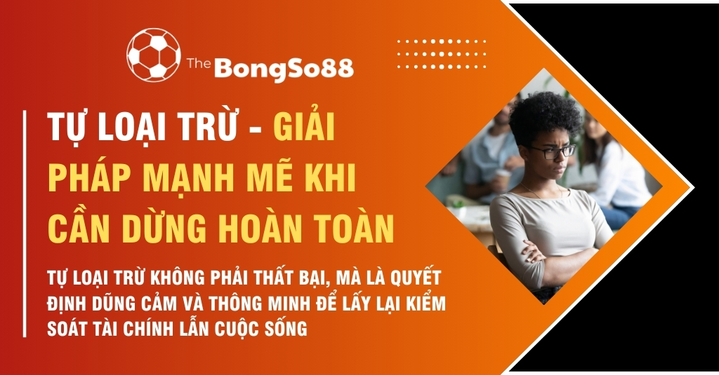 Người phụ nữ khoanh tay cương quyết bên cạnh tiêu đề "Tự loại trừ - Giải pháp mạnh mẽ khi cần dừng hoàn toàn".