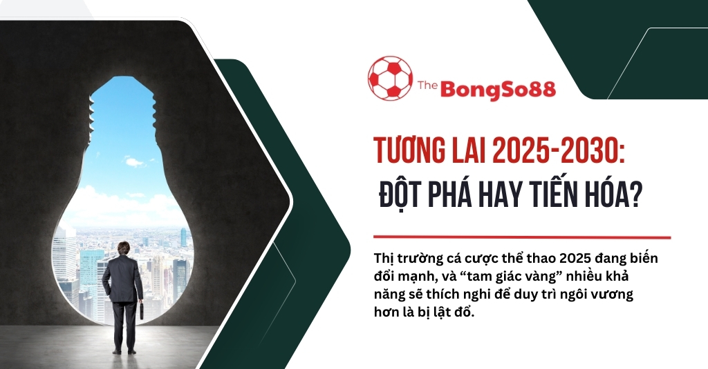 Doanh nhân nhìn ra thành phố qua ô cửa hình bóng đèn, tiêu đề "Tương lai 2025-2030: Đột phá hay tiến hóa?" của The BongSo88.
