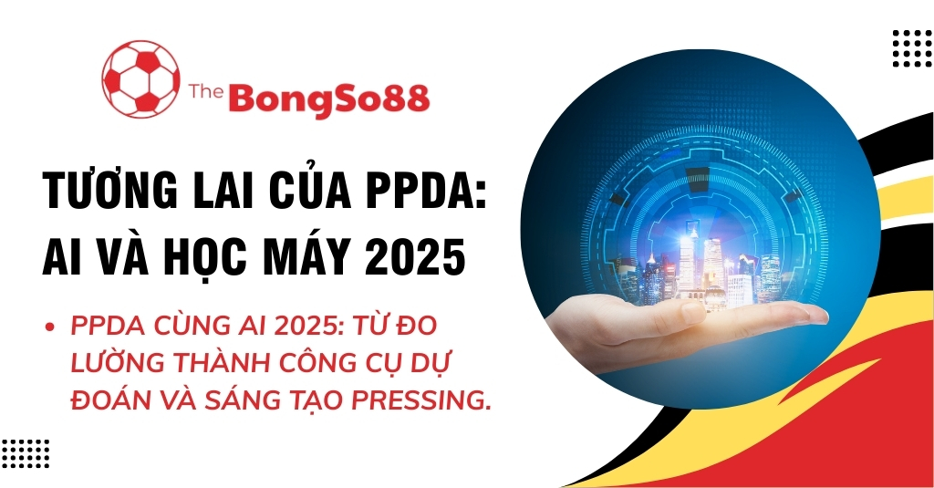 Tiêu đề "Tương lai của PPDA: AI và Học máy 2025" với hình ảnh bàn tay cầm hình chiếu công nghệ của một thành phố.