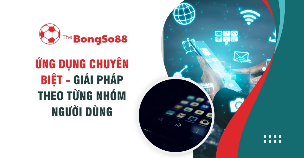 Bàn tay đang cầm điện thoại thông minh với nhiều biểu tượng ứng dụng và icon công nghệ, minh họa cho giải pháp ứng dụng chuyên biệt.