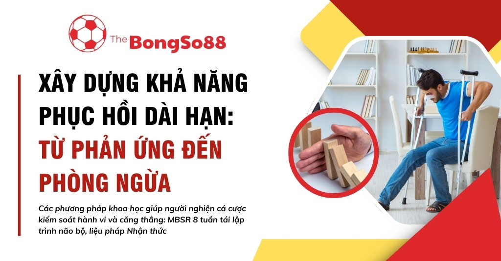 Người đàn ông dùng nạng và tay chặn domino, chủ đề xây dựng khả năng phục hồi dài hạn từ phản ứng đến phòng ngừa.