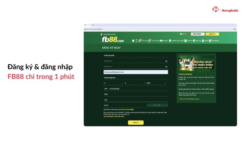 "Đăng ký & đăng nhập FB88 chỉ trong 1 phút" và màn hình form đăng ký FB88 với khuyến mãi 2 triệu đồng.