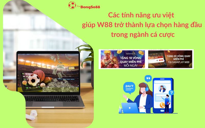 Các tính năng ưu việt của W88: cá cược, khuyến mãi, CSKH 24/7, minh họa bằng laptop và đồ họa, giới thiệu bởi The BongSo88.
