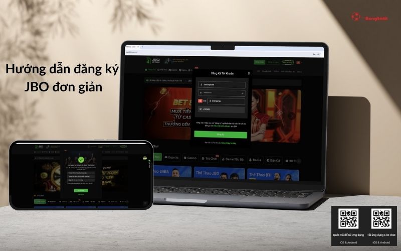 "Hướng dẫn đăng ký JBO đơn giản" với laptop và điện thoại hiển thị form đăng ký, cùng mã QR tải ứng dụng.