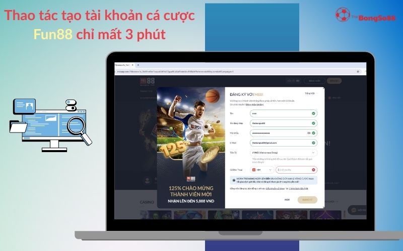 Laptop hiển thị form đăng ký Fun88 với tiêu đề "Thao tác tạo tài khoản cá cược Fun88 chỉ mất 3 phút" và khuyến mãi 125%.