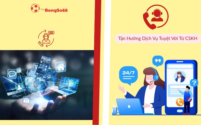 Dịch vụ CSKH 24/7 của The BongSo88, minh họa bằng đồ họa nhân viên hỗ trợ trực tuyến và hình ảnh công nghệ kết nối đa kênh.