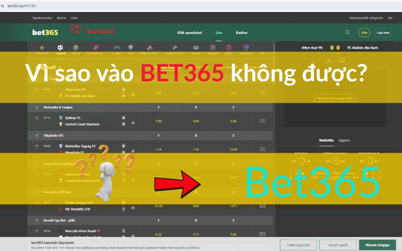 Giao diện cược BET365 với câu hỏi "Vì sao vào BET365 không được?", logo BongSo88 và hình người hoang mang với dấu hỏi.