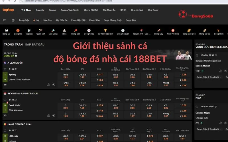 Giao diện sảnh cá độ bóng đá 188BET với text "Giới thiệu sảnh cá độ bóng đá nhà cái 188BET" và logo The BongSo88.