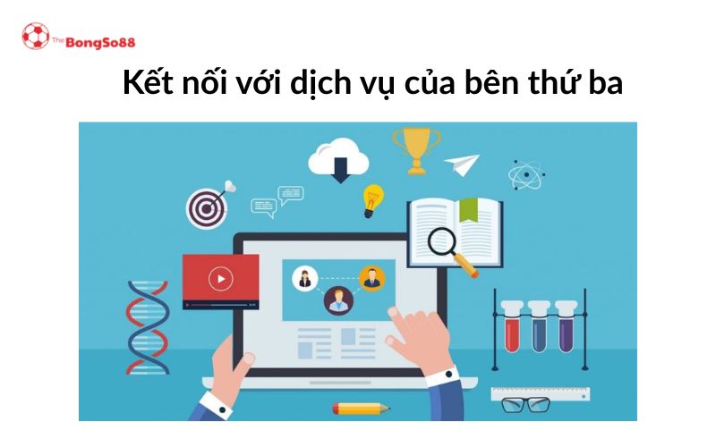 Đồ họa laptop kết nối các biểu tượng dịch vụ, với tiêu đề "Kết nối với dịch vụ của bên thứ ba" của TheBongSo88.