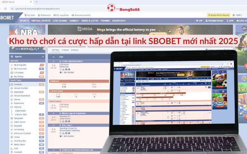 Kho trò chơi cá cược SBOBET mới nhất 2025, hiển thị giao diện cược thể thao đa dạng trên máy tính, được giới thiệu bởi The BongSo88.