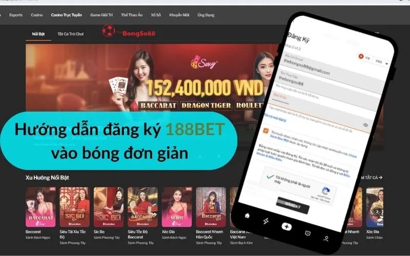 Hướng dẫn đăng ký 188BET vào bóng đơn giản - Giao diện 188BET và form đăng ký trên điện thoại, logo BongSo88.