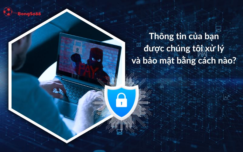 Hacker trên màn hình laptop, biểu tượng khiên bảo mật và câu hỏi về cách xử lý và bảo mật thông tin người dùng.