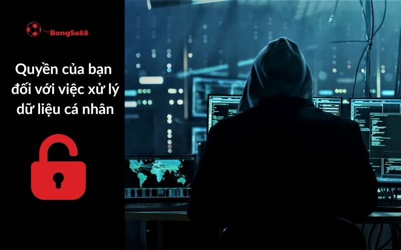 Người mặc áo hoodie ngồi trước nhiều màn hình máy tính, bên cạnh là dòng chữ "Quyền của bạn đối với việc xử lý dữ liệu cá nhân".