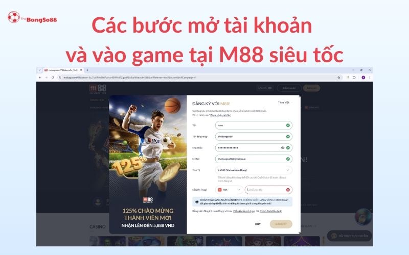 Các bước mở tài khoản M88 siêu tốc, minh họa bằng giao diện form Đăng ký M88 chi tiết, được giới thiệu bởi The BongSo88.