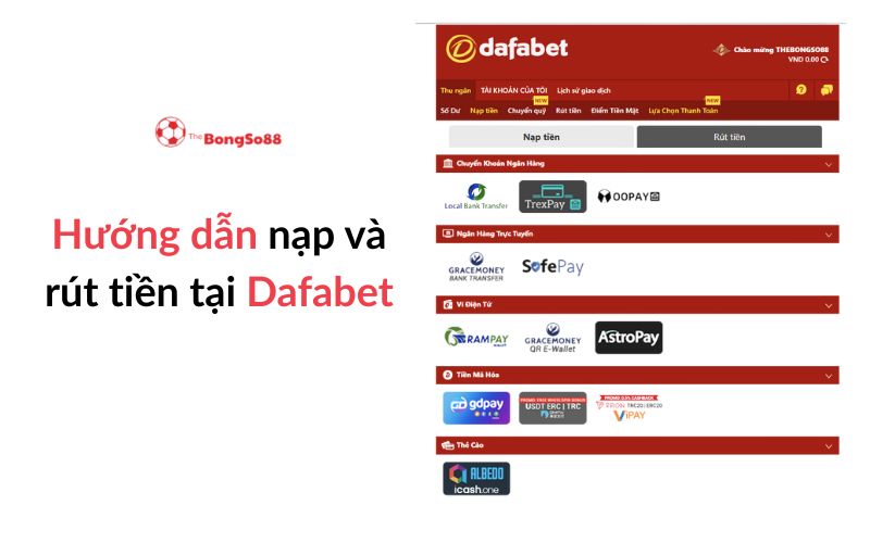 Hướng dẫn nạp và rút tiền Dafabet với screenshot các phương thức thanh toán như TrexPay, SafePay, và ví điện tử.