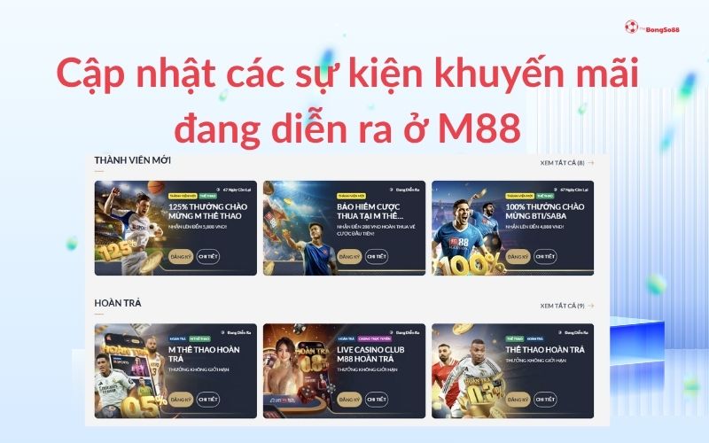 Cập nhật khuyến mãi M88 đang diễn ra, gồm thưởng chào mừng thành viên mới 125% và hoàn trả thể thao/casino, giới thiệu bởi The BongSo88.