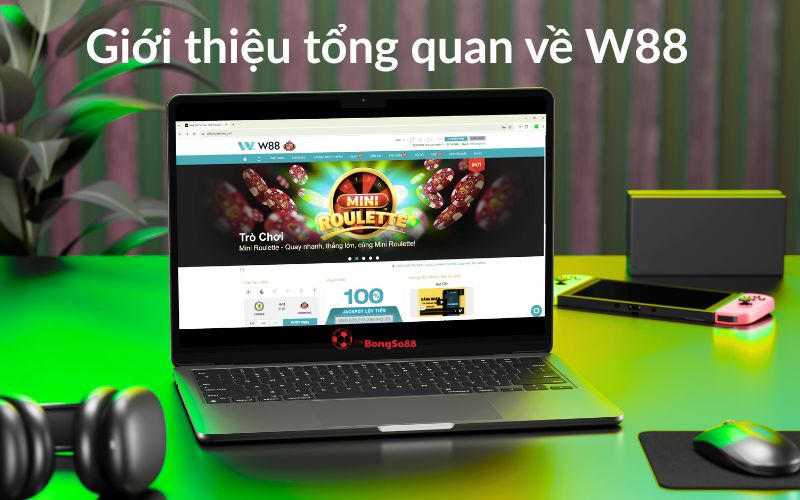 Giới thiệu tổng quan về W88, hiển thị trang chủ W88 với game Mini Roulette trên laptop, logo The BongSo88.