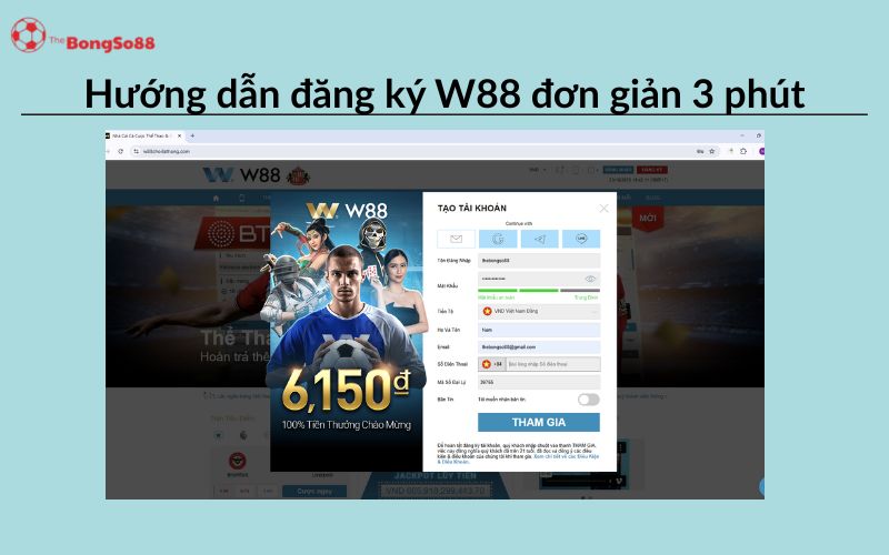 Hướng dẫn đăng ký W88 đơn giản 3 phút, minh họa bằng cửa sổ pop-up tạo tài khoản W88, được giới thiệu bởi The BongSo88.