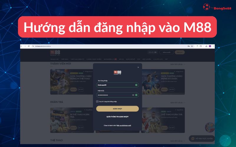 Hướng dẫn đăng nhập M88, minh họa bằng cửa sổ pop-up đăng nhập M88 trên giao diện website, được giới thiệu bởi The BongSo88.