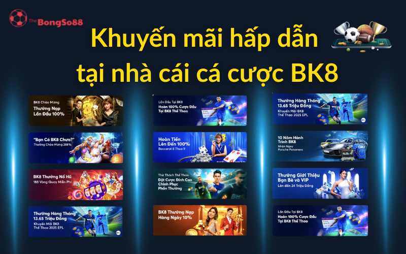Tổng hợp khuyến mãi BK8 hấp dẫn, bao gồm thưởng nạp 100%, hoàn tiền, và thưởng 13.65 triệu, được giới thiệu bởi The BongSo88.