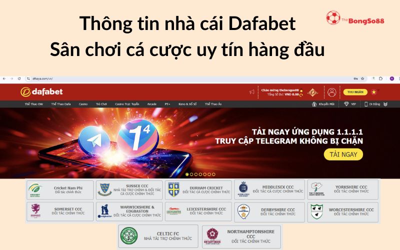 Screenshot website nhà cái Dafabet với tiêu đề 'Sân chơi cá cược uy tín hàng đầu' và logo các đối tác thể thao.