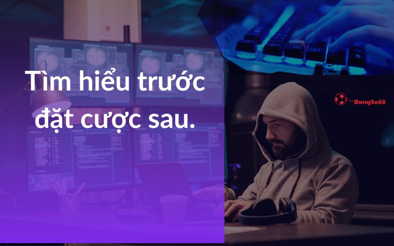 Người đàn ông mặc áo hoodie dùng laptop, nhiều màn hình dữ liệu và dòng chữ "Tìm hiểu trước đặt cược sau."